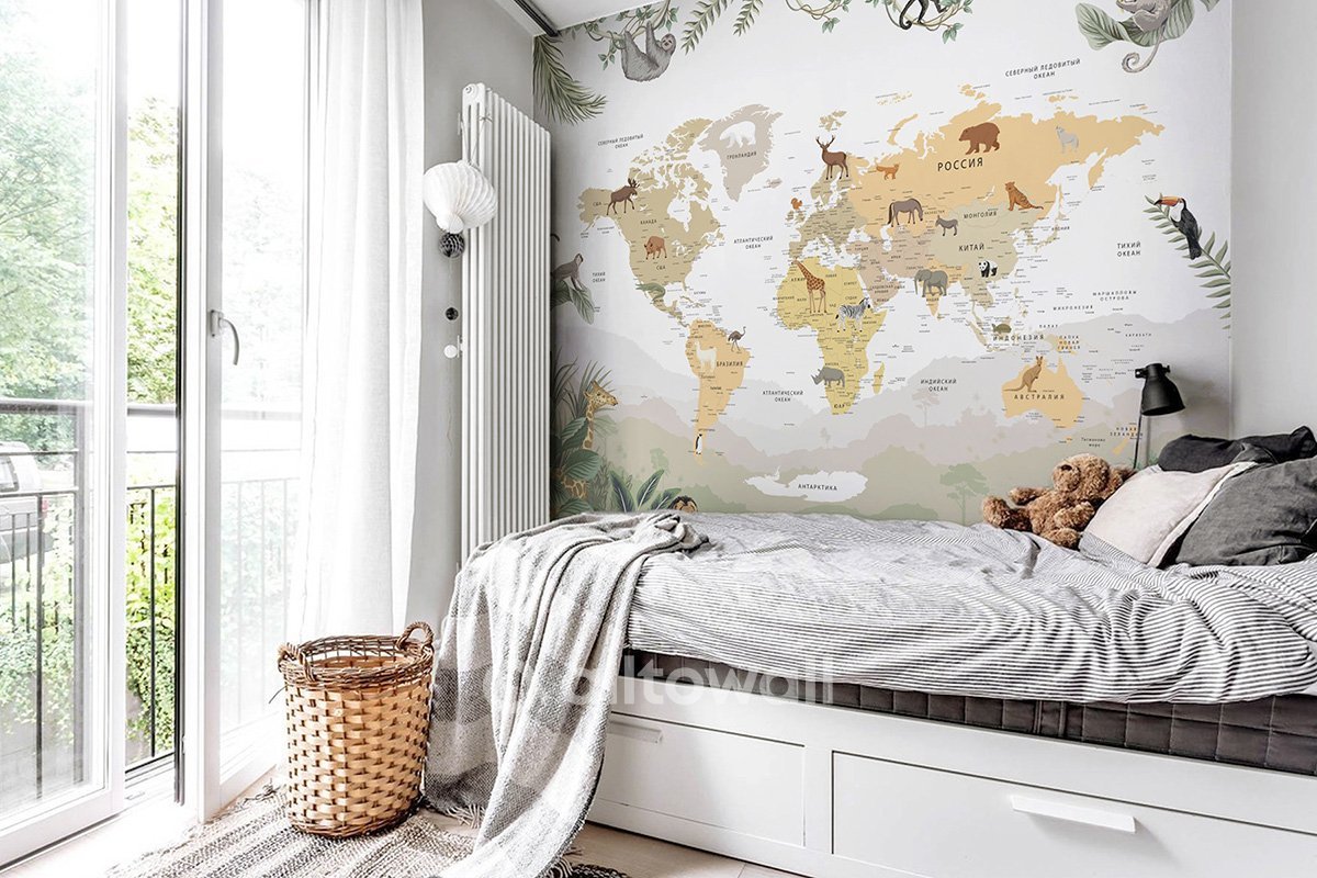 Флизелиновые антивандальные обои «Детская карта мира с тропическими животными», 300х260 см
