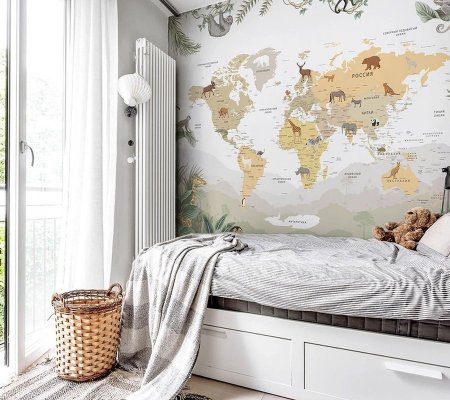 Флизелиновые антивандальные обои «Детская карта мира с тропическими животными», 300х260 см