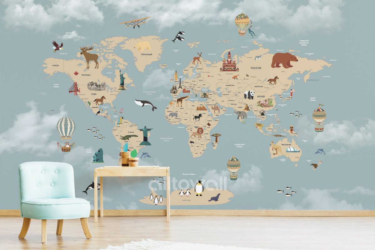 Детская карта мира с достопримечательностями и животными
