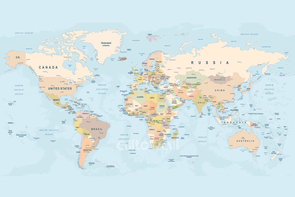 Политическая карта мира-2. Обои на заказ - печать бесшовных дизайнерскихобоев для стен по своему рисунку