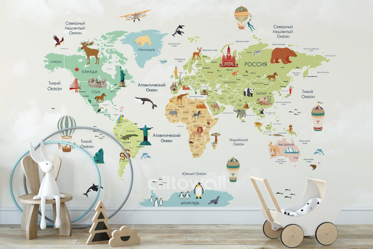 Детская карта мира с достопримечательностями и животными-2