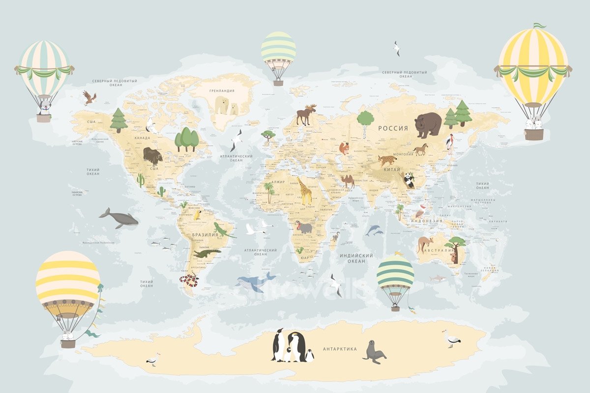 Супер детальная детская карта мира-7» — обои для тех, кто начинает  познавать мир. Обои на заказ - печать бесшовных дизайнерских обоев для стен  по своему рисунку