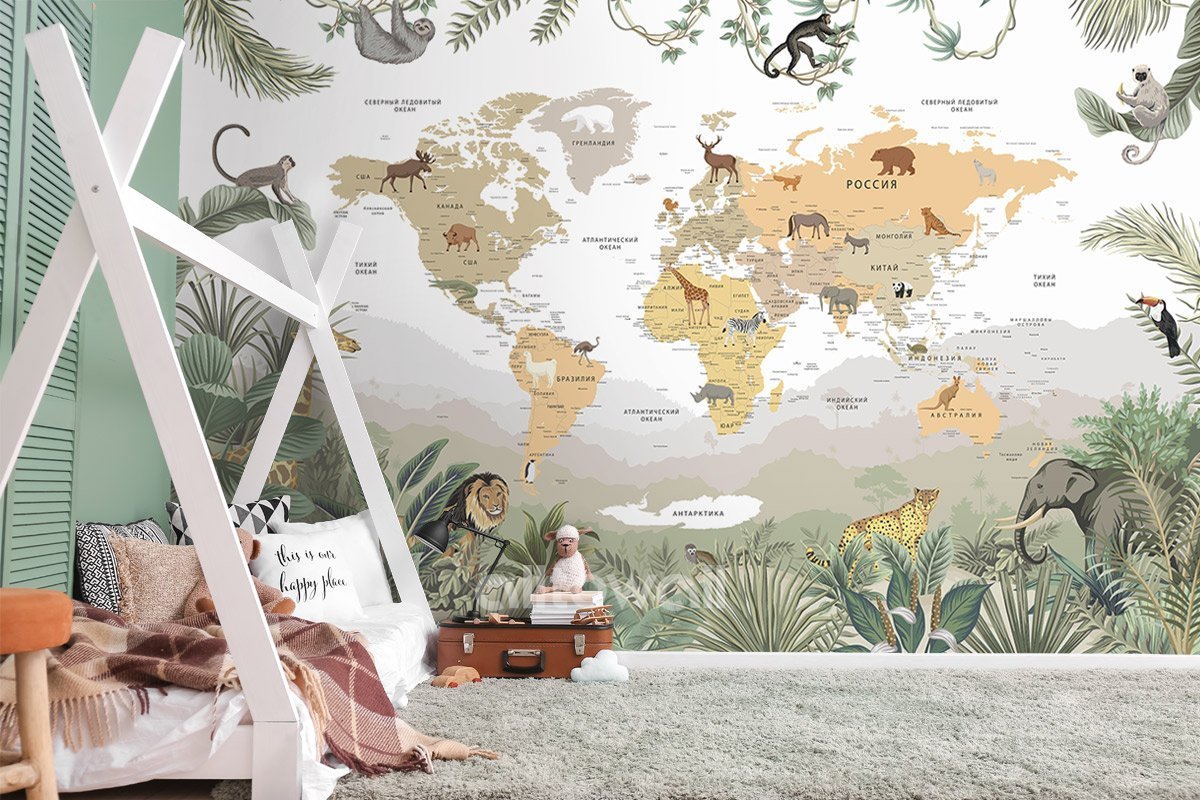 Детская карта мира с тропическими животными. Обои на заказ - печать бесшовных дизайнерских обоев для стен по своему рисунку